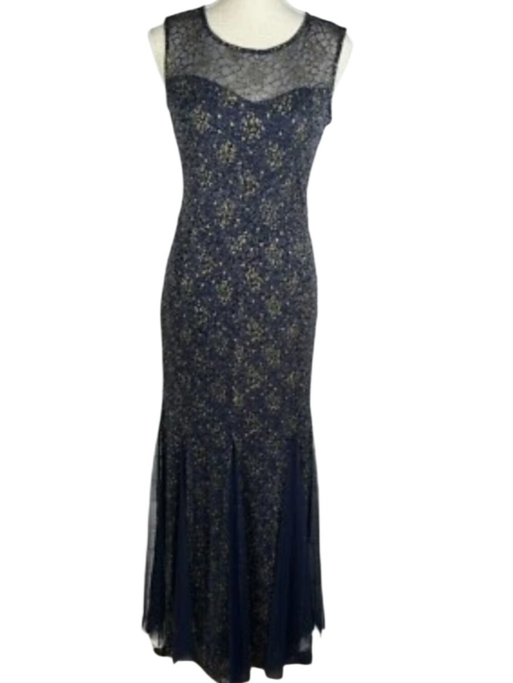 💰Candalite Sleeveless Navy Lace & Metallic Evening Gown